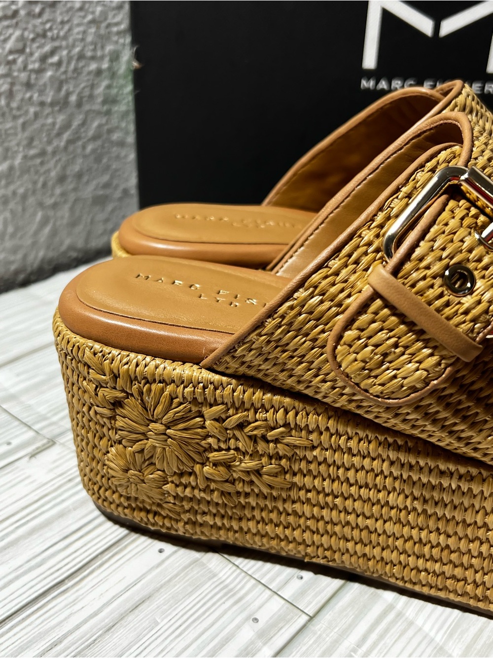 Marc Fisher LTD Poppy Raffia Platform Wedge Sandals Natural Tan brown Size 9.5 - Picture 6 of 13